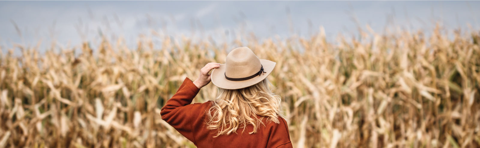 Back of woman in hat looking at a field of corn